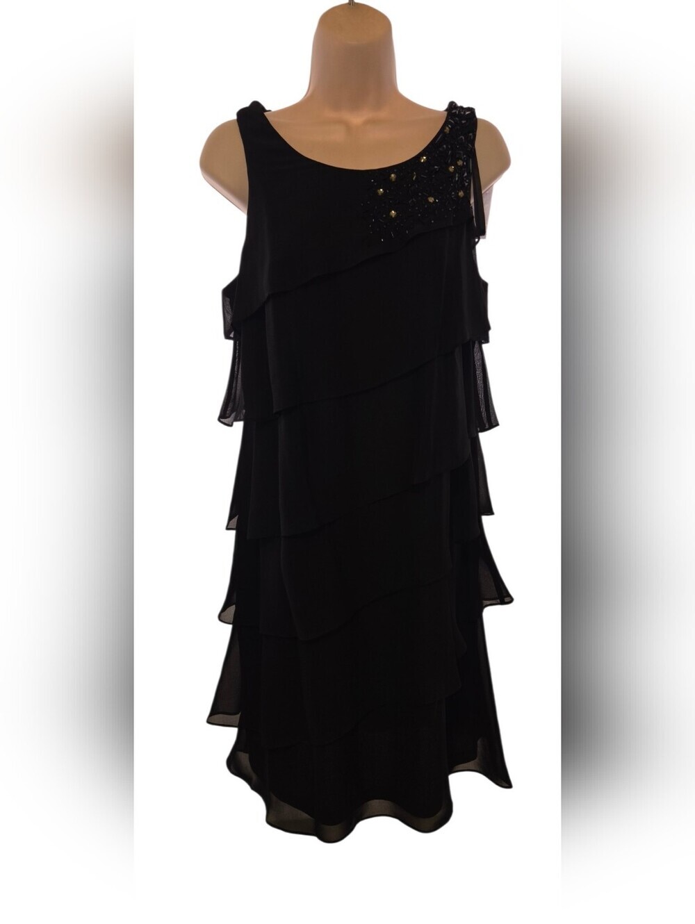 Jessica Howard Black Layered Chiffon Midi Dress with Beaded Shoulder